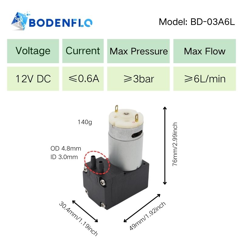 Technical specifications of the BD-03A6L Micro Air Pump: 12V, 0.6A, 3 bar pressure, 6 L/min flow, dimensions 76x49x30.4mm, weight 140g