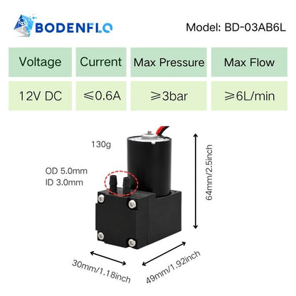 BD-03AB6L DC air pump with 6 L/min flow and 3 bar maximum pressure