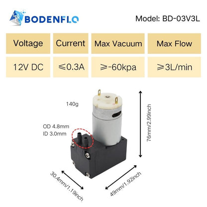 BD-03A3L Micro Diaphragm Vacuum Pump 12V Specifications - 0.3A Current, 2 Bar Pressure, 3L Flow, Compact Size