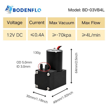 12V Vacuum Pump -70kPa Low Noise 3–6L Mini Diaphragm Air Pump BD-03VB BODENFLO