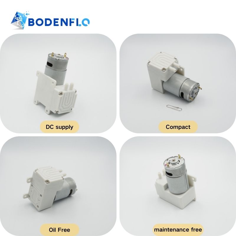 Multi-angle view of the BD-04A Micro Diaphragm Air Pump showcasing its DC power, compact size, oil-free, and maintenance-free features.