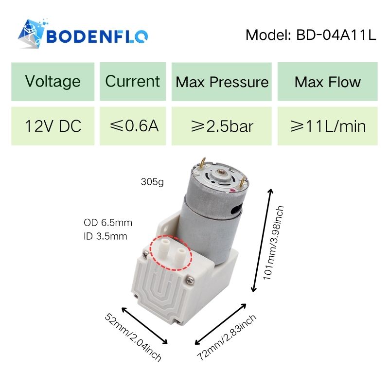 D-04A11L Micro Diaphragm Air Pump specifications: 12V, 0.6A, 2.5 bar, 11 L/min.