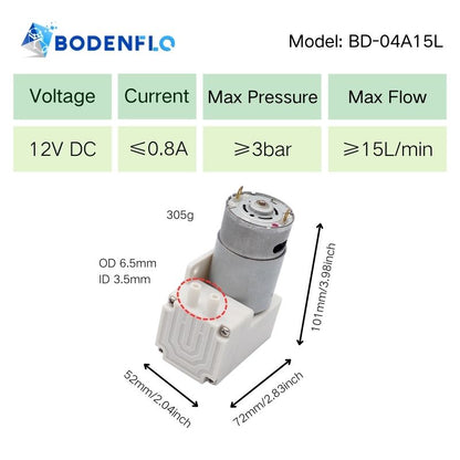 BD-04A15L DC Air Pump specifications: 12V, 0.8A, 3 bar, 15 L/min.