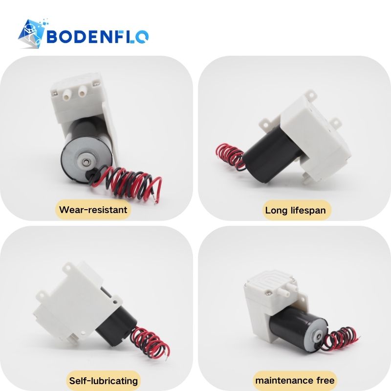 Four-angle view of BD-04AB air pump, showing its wear-resistant, long lifespan, self-lubricating, and maintenance-free design.