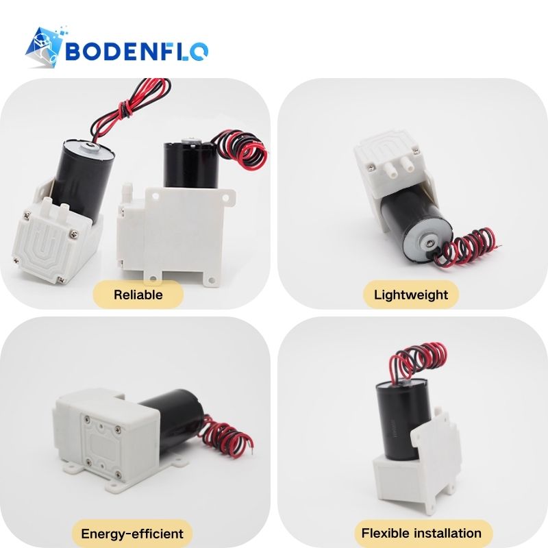 BODENFLO Micro Air Pump Features: Reliable, Lightweight, Energy-efficient, Flexible Installation.