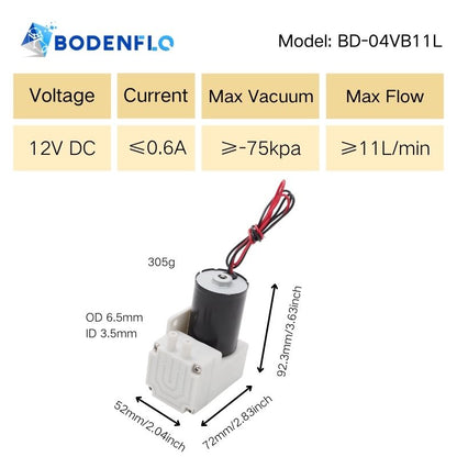 BD-04VB11L micro vacuum pump technical specifications: 12V, 0.6A, vacuum -75kPa, 11L/min flow, size 92.3x72x52mm, weight 305g.