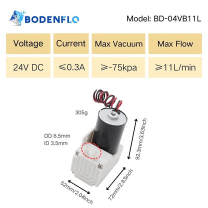 BD-04VB11L Technical Specifications: Voltage 24V, Current 0.3A, Vacuum -75kPa, Flow Rate 11L/min, Size 92.3x72x52mm, Weight 305g