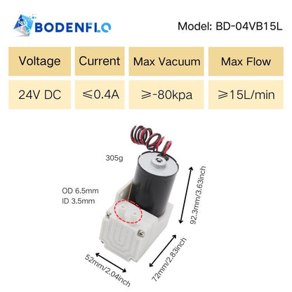 BD-04VB15L Technical Specifications: Voltage 24V, Current 0.4A, Vacuum -80kPa, Flow Rate 15L/min, Size 92.3x72x52mm, Weight 305g