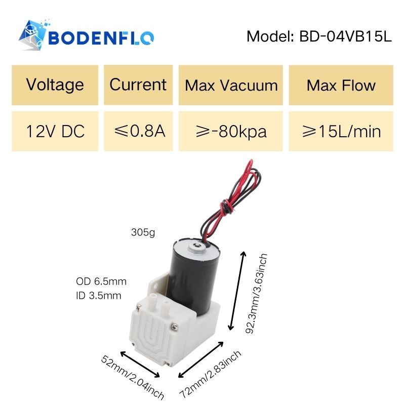 BD-04VB15L micro vacuum pump technical details: 12V, 0.8A, vacuum -80kPa, 15L/min flow, size 92.3x72x52mm, weight 305g.