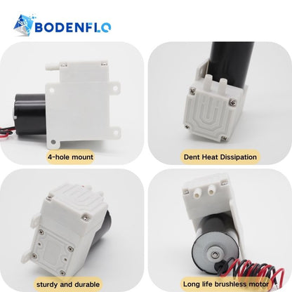 BD-04WB 12V liquid pump multi-angle view highlighting 4-hole mount, dent heat dissipation, sturdy build, and long-life brushless motor.