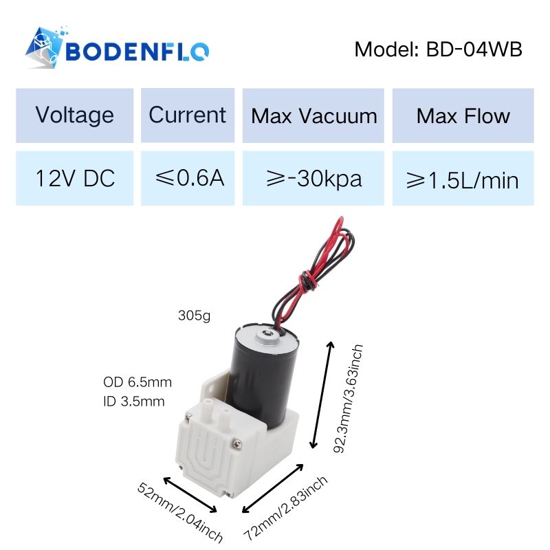 BD-04WB liquid diaphragm pump specifications: 12V, 0.6A, vacuum -30kPa, flow rate 1.5L/min, size 92.3x72x52mm, weight 305g.