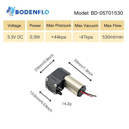 Technical specifications of BD-05T01530 3.3V mini diaphragm vacuum pump – voltage 3.3V, power 0.3W, flow 530ml/min, pressure +44KPA, vacuum -47KPA, brush motor, 6000-8000 hours lifespan