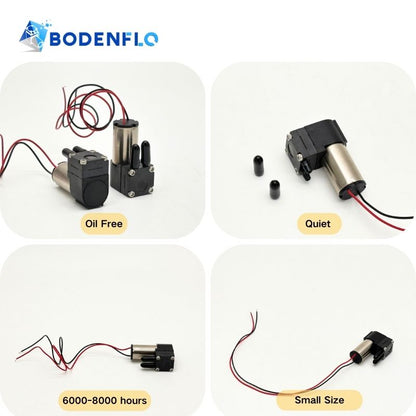 BD-05T01530 mini diaphragm vacuum pump multi-angle view – oil-free, quiet, 6000-8000 hours lifespan, small size
