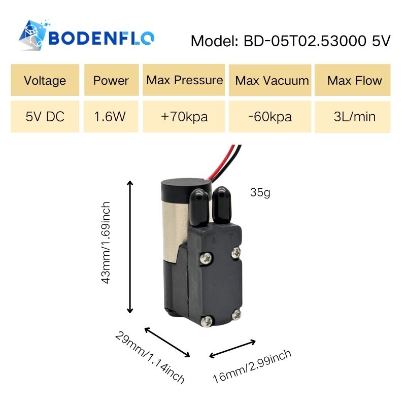 BD-05T02.53000 5V micro vacuum pump specifications with 3L/min flow, -60kPa vacuum, brushless motor, compact size  