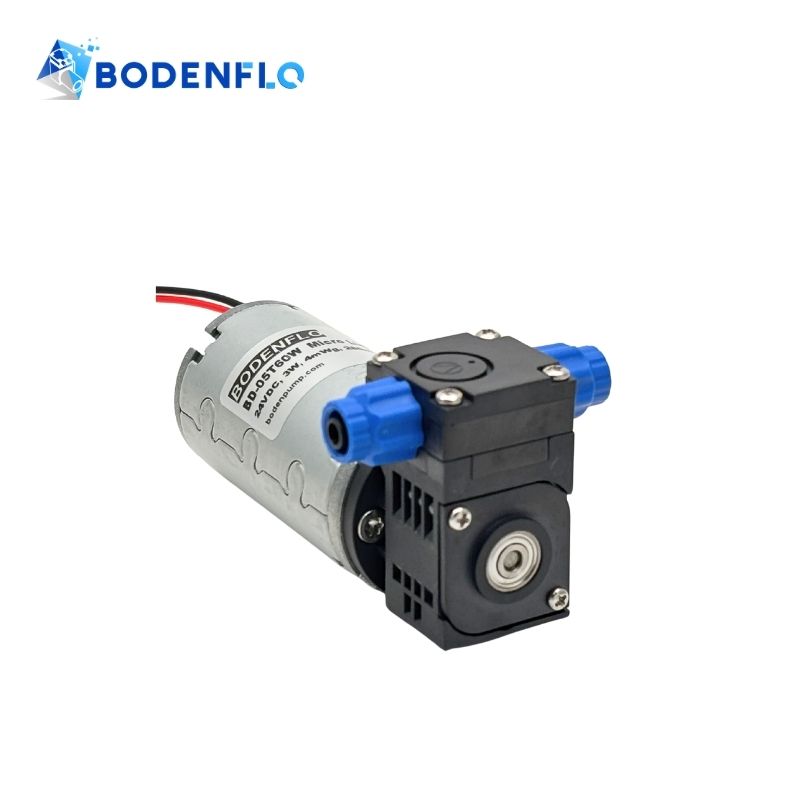 Bottom-angle view of BD-05T60W micro liquid pump highlighting compact design and durable build