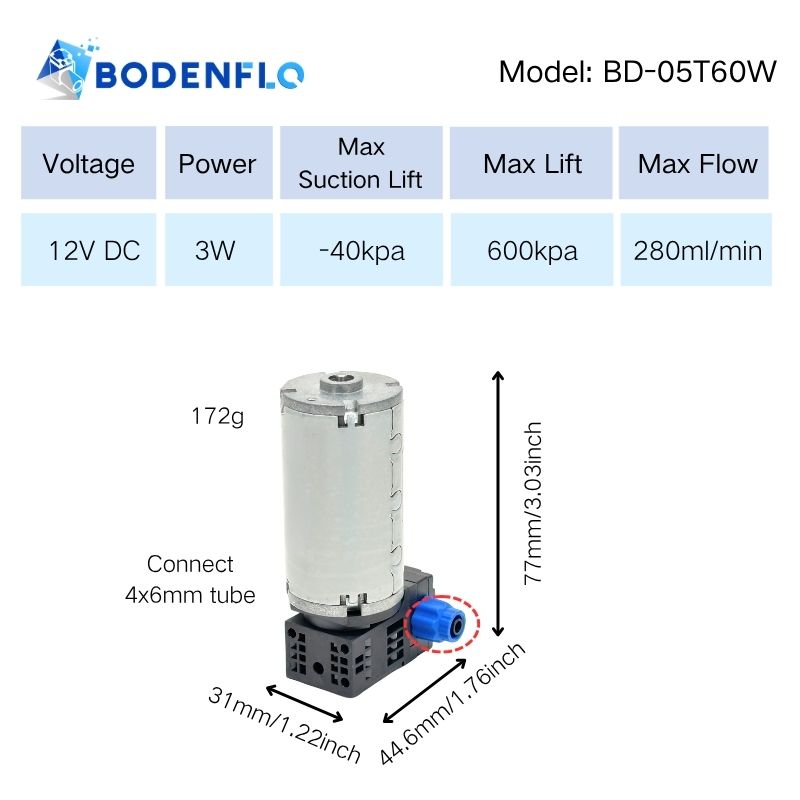 BD-05T60W diaphragm liquid pump specifications 12V 3W 280ml per minute 6 bar pressure 40kPa suction