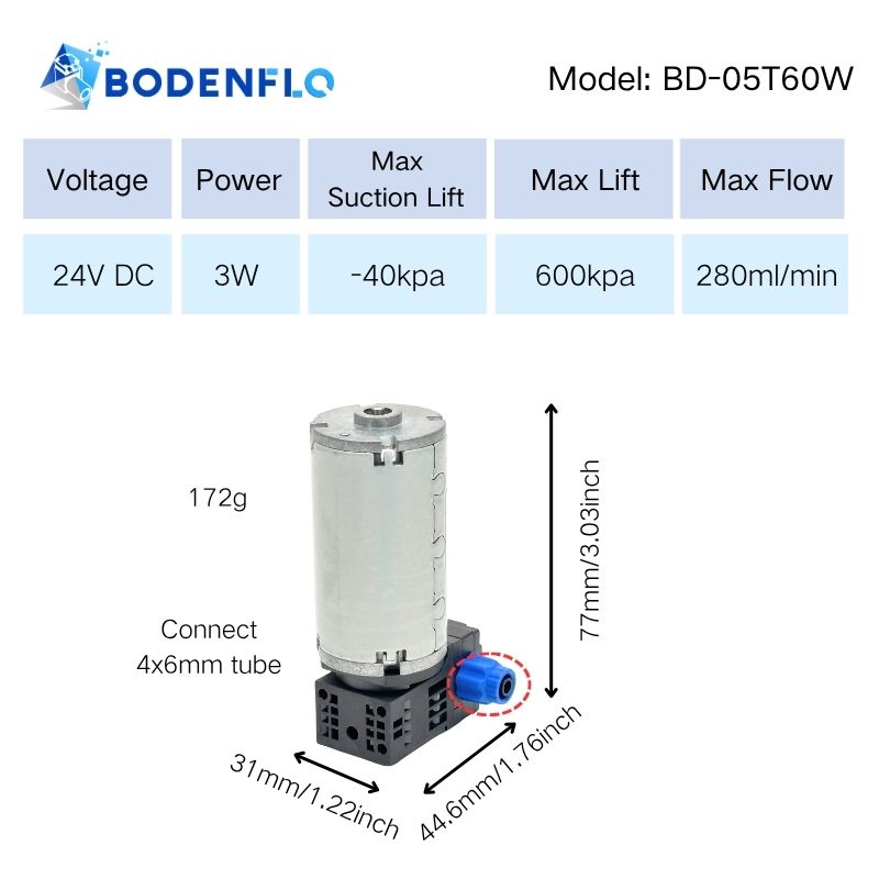 BD-05T60W micro liquid pump specifications: 24V DC, 3W, max lift 60 mWg, max suction –40 kPa, flow 280 ml/min, dimensions 77×31×44.6 mm