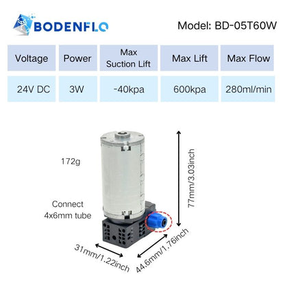 BD-05T60W micro liquid pump specifications: 24V DC, 3W, max lift 60 mWg, max suction –40 kPa, flow 280 ml/min, dimensions 77×31×44.6 mm