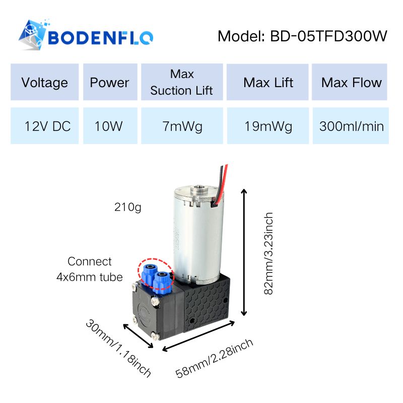 BD-05TFD300W micro diaphragm water pump specifications showing 12V DC, 10W, 300 ml per min flow, 19 m lift, 7 m suction lift, 82×30×58 mm size and 210 g weight