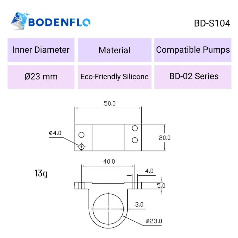 BD-S104 mini pump mounting bracket dimensional drawing showing 23mm inner diameter and mounting hole positions