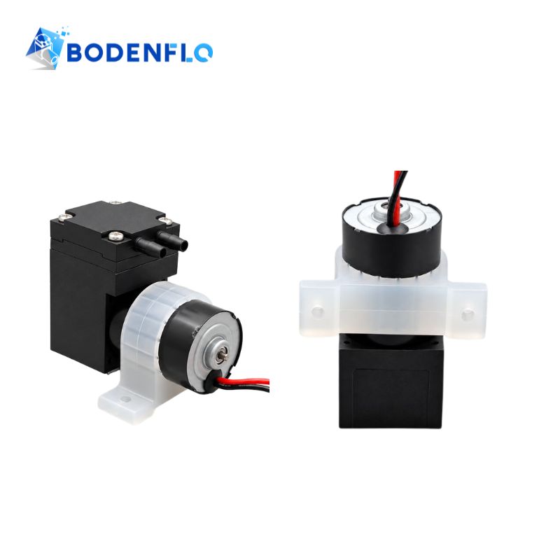 BD-S203 silicone anti vibration pump mount installed on BODENFLO BD-03 miniature diaphragm pumps, showing two mounting views