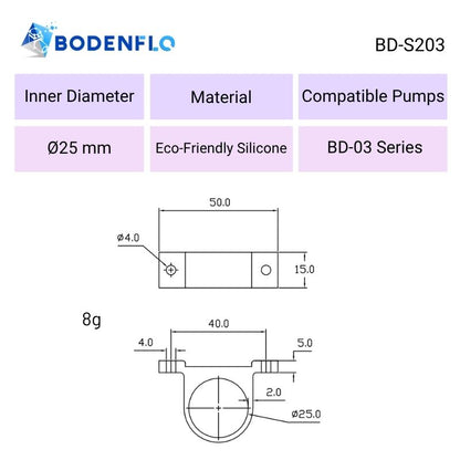 BD-S203 silicone pump bracket technical drawing showing 25mm inner diameter, mounting dimensions and BD-03 pump compatibility