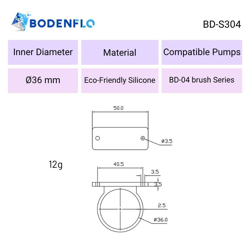 BD-S304 pump vibration mount technical drawing showing 36mm inner diameter, mounting hole dimensions and BD-04 brushed pump compatibility