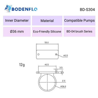 BD-S304 pump vibration mount technical drawing showing 36mm inner diameter, mounting hole dimensions and BD-04 brushed pump compatibility