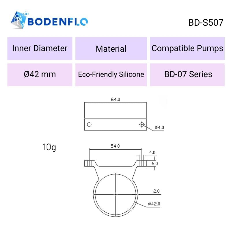 BD-S507 silicone pump mount technical drawing showing 42mm inner diameter, mounting dimensions and BD-07 pump compatibility