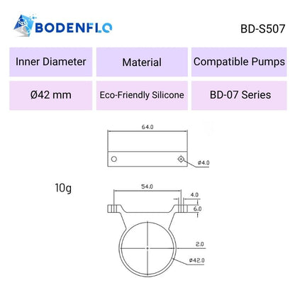 BD-S507 silicone pump mount technical drawing showing 42mm inner diameter, mounting dimensions and BD-07 pump compatibility