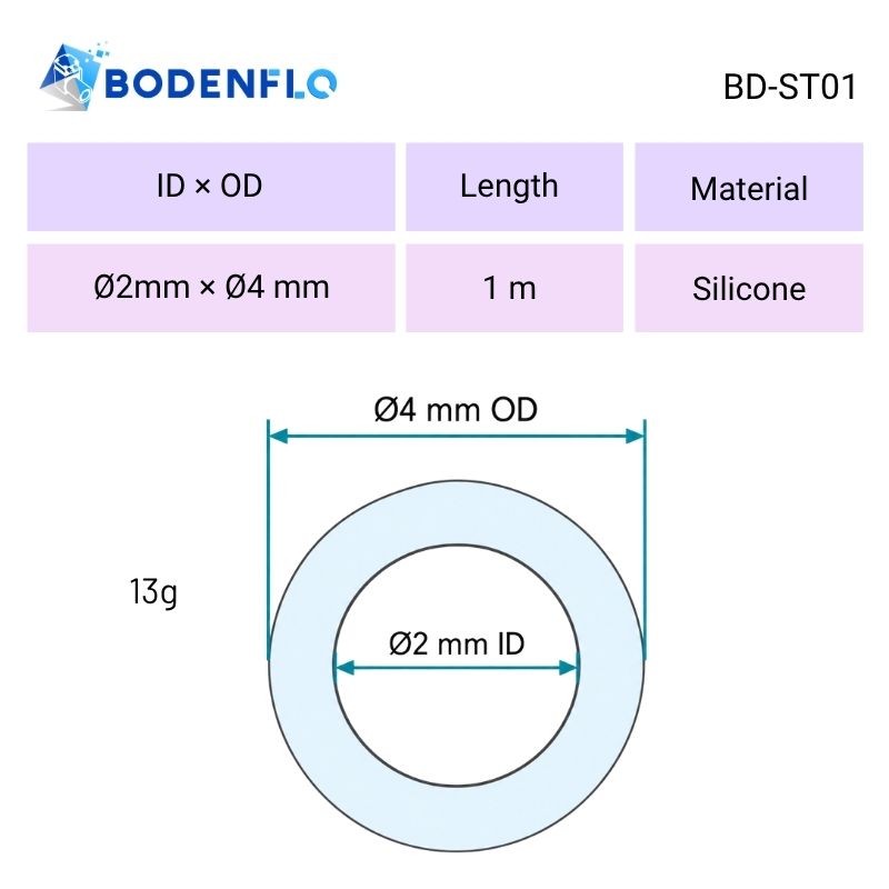 BD-ST01 silicone tubing dimensional diagram showing 2mm inner diameter, 4mm outer diameter and 1m length