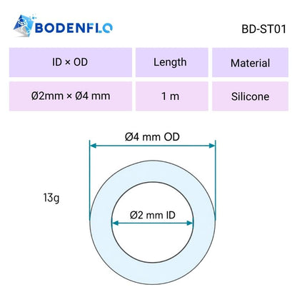 BD-ST01 silicone tubing dimensional diagram showing 2mm inner diameter, 4mm outer diameter and 1m length