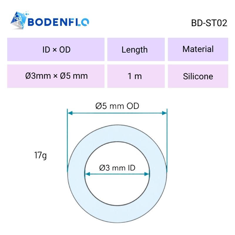 BD-ST02 silicone hose technical drawing with 3mm inner diameter, 5mm outer diameter and 1m length