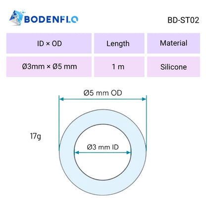 BD-ST02 silicone hose technical drawing with 3mm inner diameter, 5mm outer diameter and 1m length