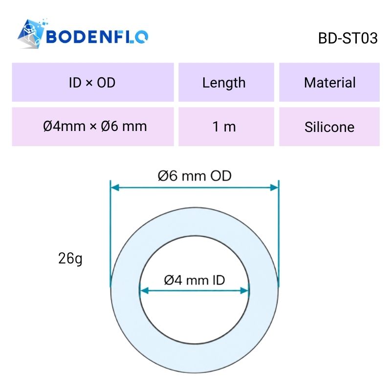 BD-ST03 flexible silicone tube specifications showing 4mm ID, 6mm OD, silicone material and 1m length