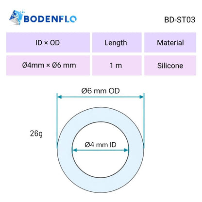 BD-ST03 flexible silicone tube specifications showing 4mm ID, 6mm OD, silicone material and 1m length