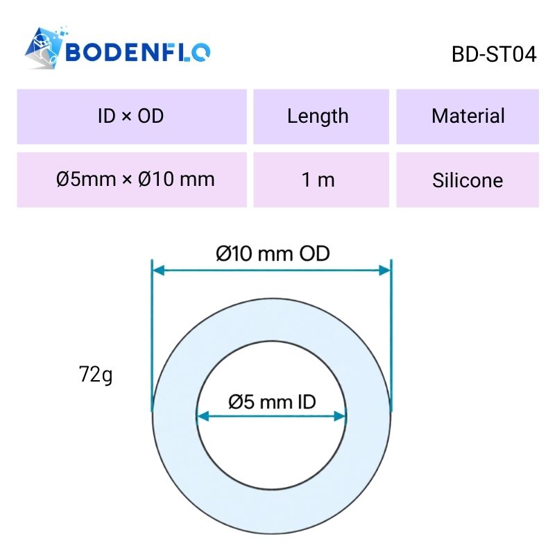 BD-ST04 silicone tubing cross-section diagram showing 5mm inner diameter, 10mm outer diameter and 1m length
