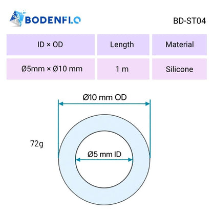 BD-ST04 silicone tubing cross-section diagram showing 5mm inner diameter, 10mm outer diameter and 1m length