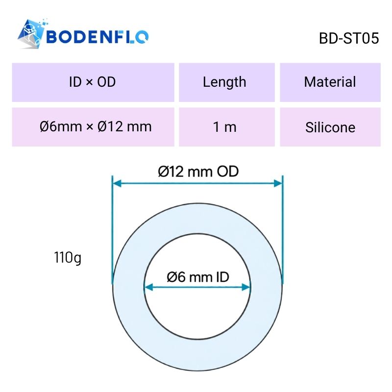 BD-ST05 silicone hose dimensional drawing showing 6mm ID, 12mm OD and 1m tubing length