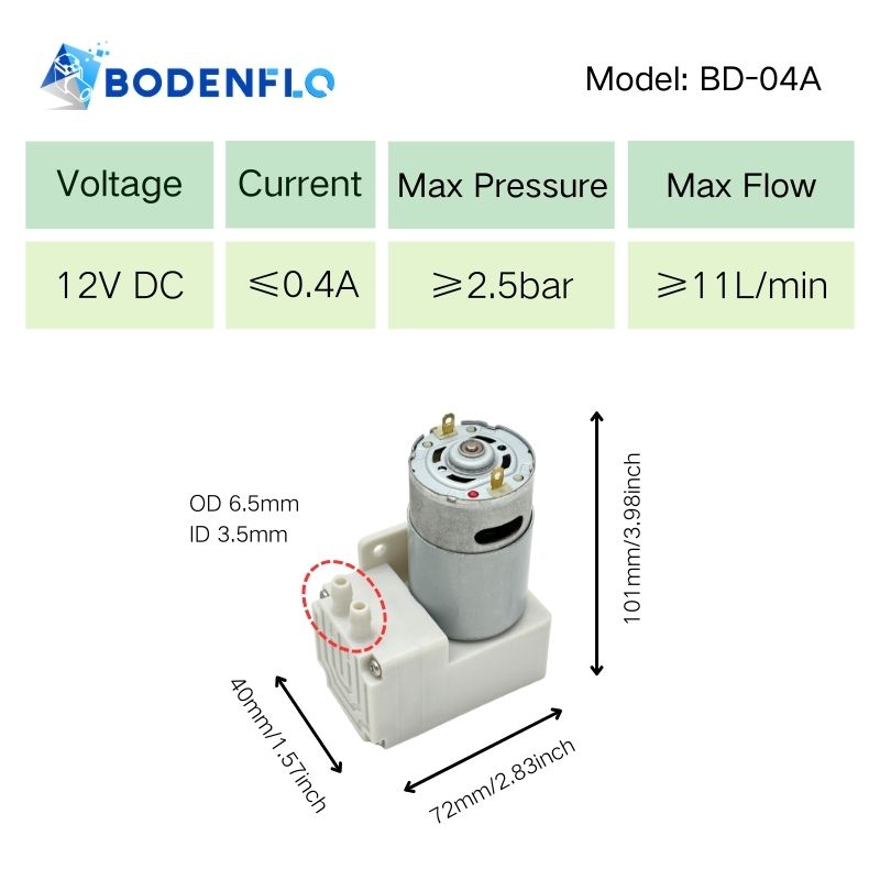 12V air pump BD-04A technical specifications and dimension chart