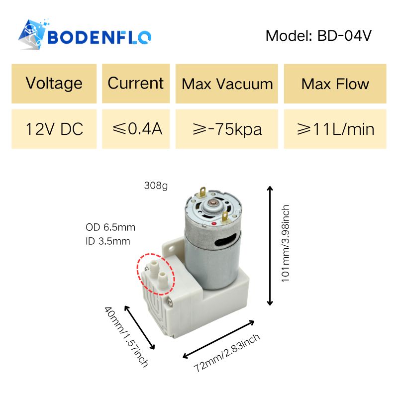 BD-04V 12V vacuum pump specifications –75kPa vacuum, 11L/min flow, dimensions