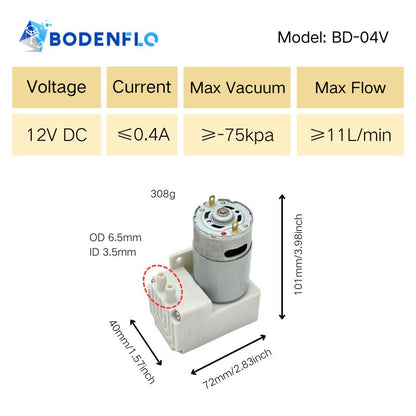 BD-04V 12V vacuum pump specifications –75kPa vacuum, 11L/min flow, dimensions