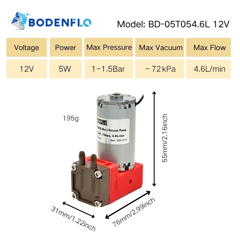 Technical specifications of 12V miniature diaphragm vacuum pump showing 5W power, 4.6 L/min flow, 1.0–1.5 bar, 76x31x55 mm BD-05T054.6L