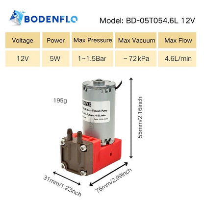 Technical specifications of 12V miniature diaphragm vacuum pump showing 5W power, 4.6 L/min flow, 1.0–1.5 bar, 76x31x55 mm BD-05T054.6L