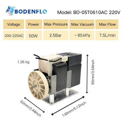 220V diaphragm vacuum pump BD-05T0610AC with 7.5 L/min flow and -85 kPa vacuum