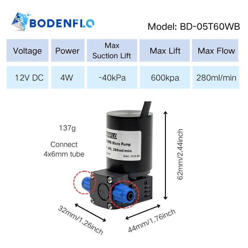Micro fluid pump specifications 12V 4W 280 mL/min flow 600kpa lift -40kPa suction compact diaphragm liquid pump BD-05T60WB