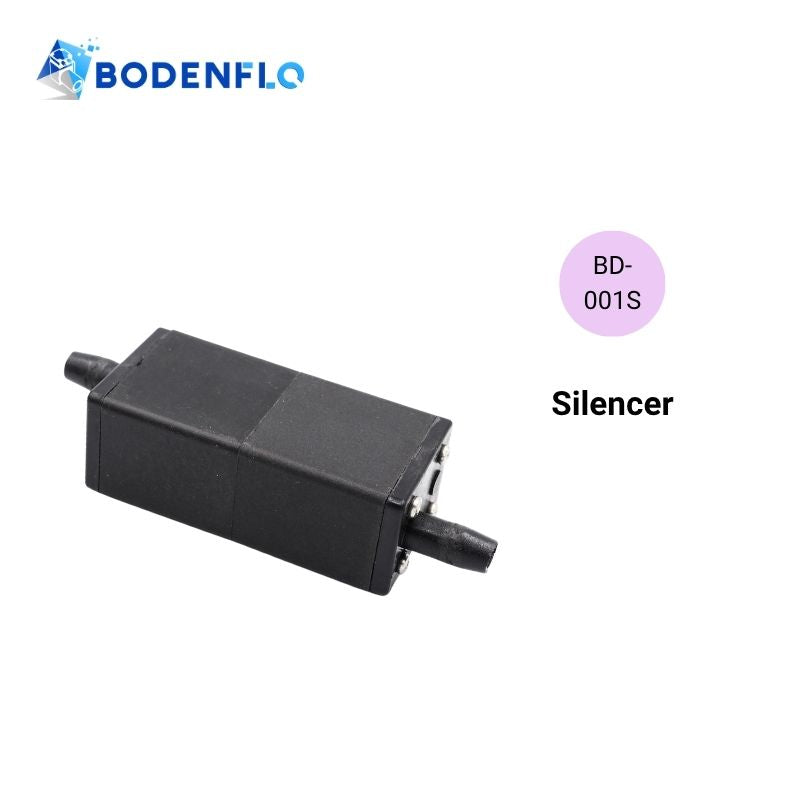 BODENFLO BD-001S micro air pump silencer with black PPS housing and dual air connections for miniature air and vacuum pump noise reduction