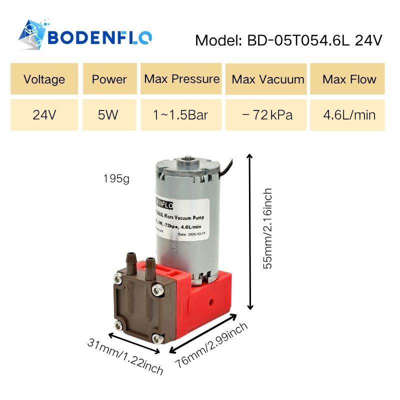Specifications of the Miniature Diaphragm Pump, 4.6 L/min flow, 5W power, lightweight and maintenance-free, suitable for industrial automation and lab use, BD-05T054.6L