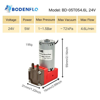 Specifications of the Miniature Diaphragm Pump, 4.6 L/min flow, 5W power, lightweight and maintenance-free, suitable for industrial automation and lab use, BD-05T054.6L