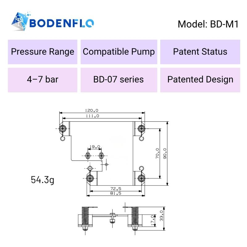 BD-M1 pump vibration mount dimension drawing showing 120 × 90 × 33 mm size, four spring supports and 54.3 g weight for BD-07 series pumps